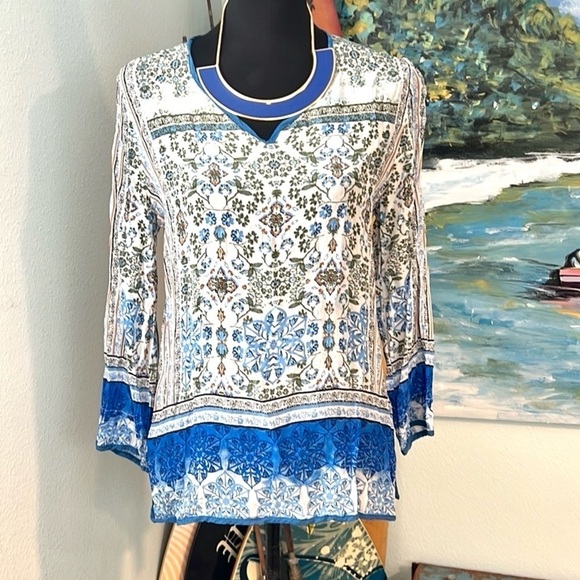 ⭐️Love Kyla,Tyra Tunic Top, fringe boho | size medium, Beautiful Blue, EUC - Picture 3 of 10